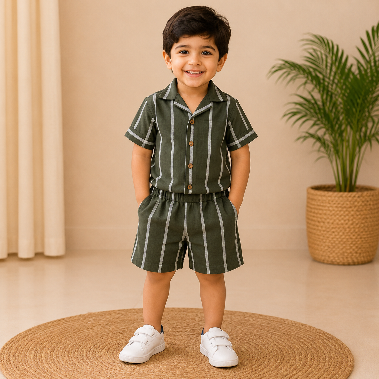 Olive Stripe Shirt & Shorts Co-ord Set